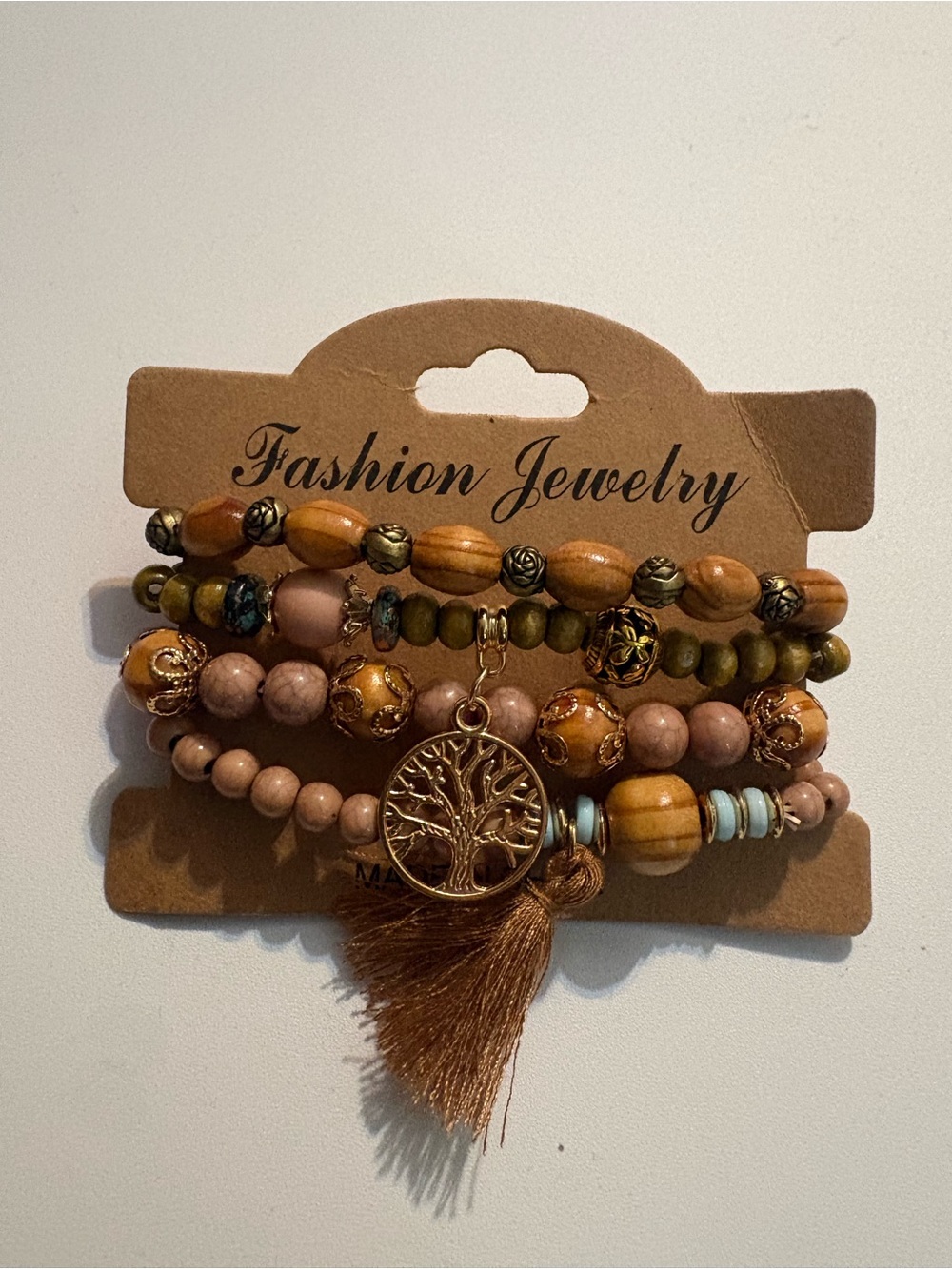 Fashion Jewelry Brown/Tan Beaded Bracelet Stack with Gold Tree Charm